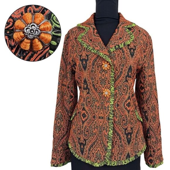 An Ren Jackets & Blazers - An Ren NY Womens Paisley Jacquard Jacket Medium Orange Green Flower Art To Wear